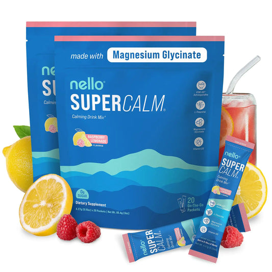 Nello Supercalm Powdered Drink Mix Raspberry Lemonade L Theanine Ksm-66 Ashwagandha Magnesium Glycinate Vitamin D 3 Supplements for Relaxation & Focus No Sugar Non GMO On The Go (2-Pack)